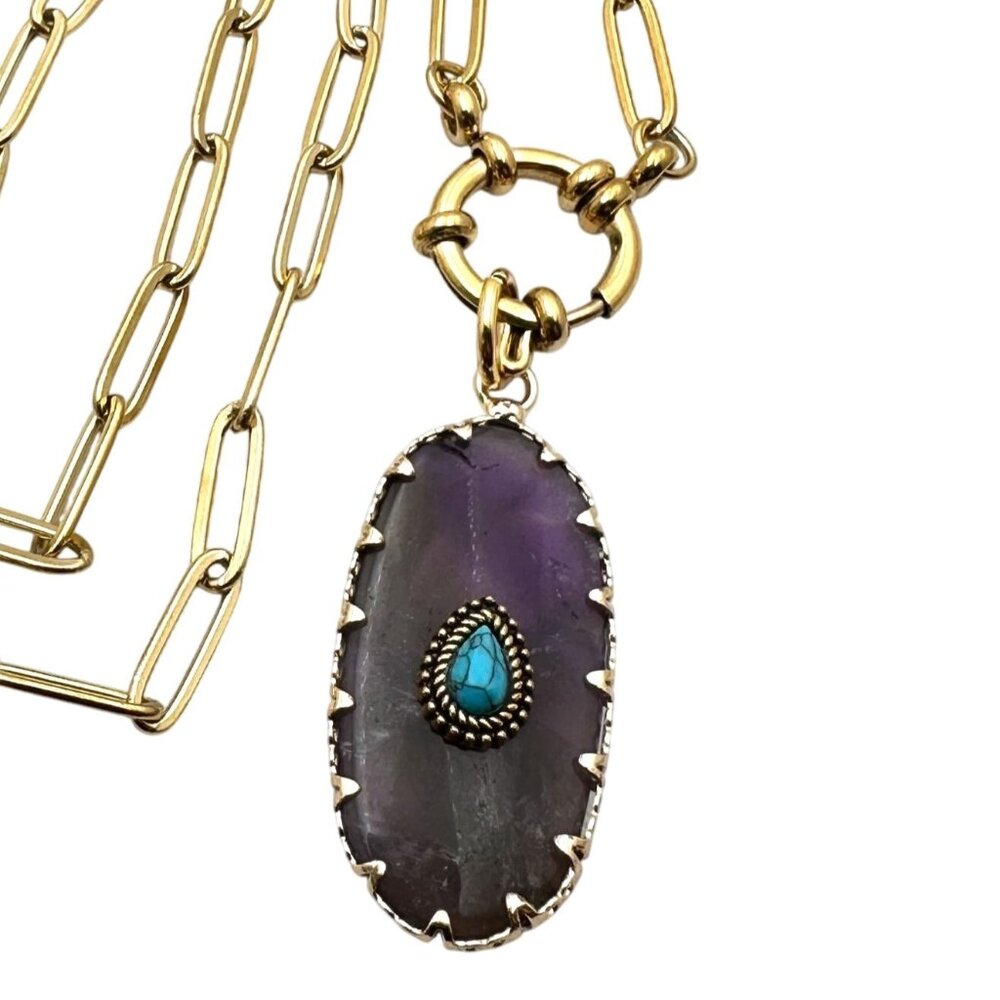 Amethyst Turquoise Gemstone Pendant Necklace 18K Gold Plated Chain 17 Inch